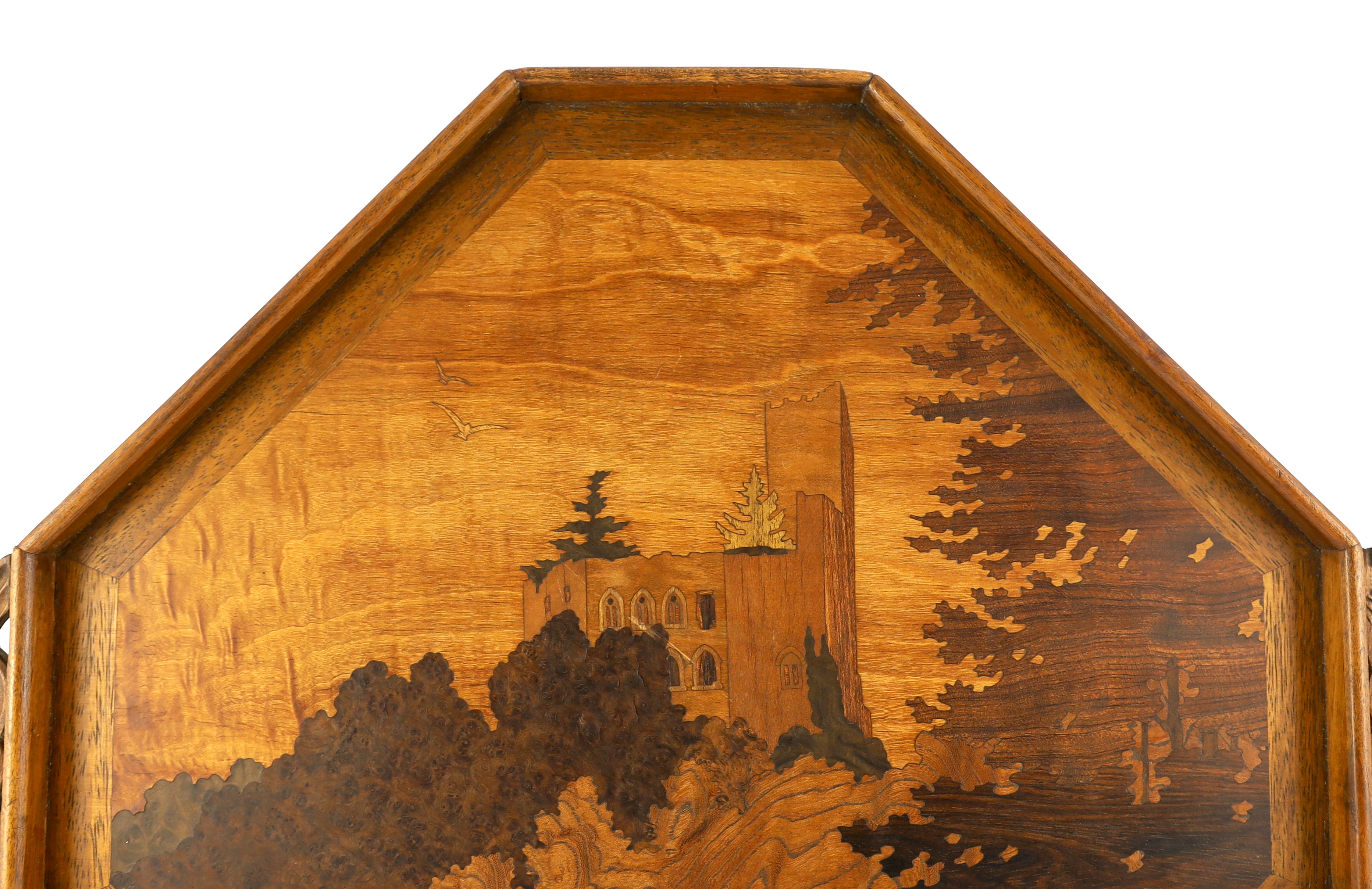 Émile Gallé (1846-1904). A marquetry tray with carved lizard handles